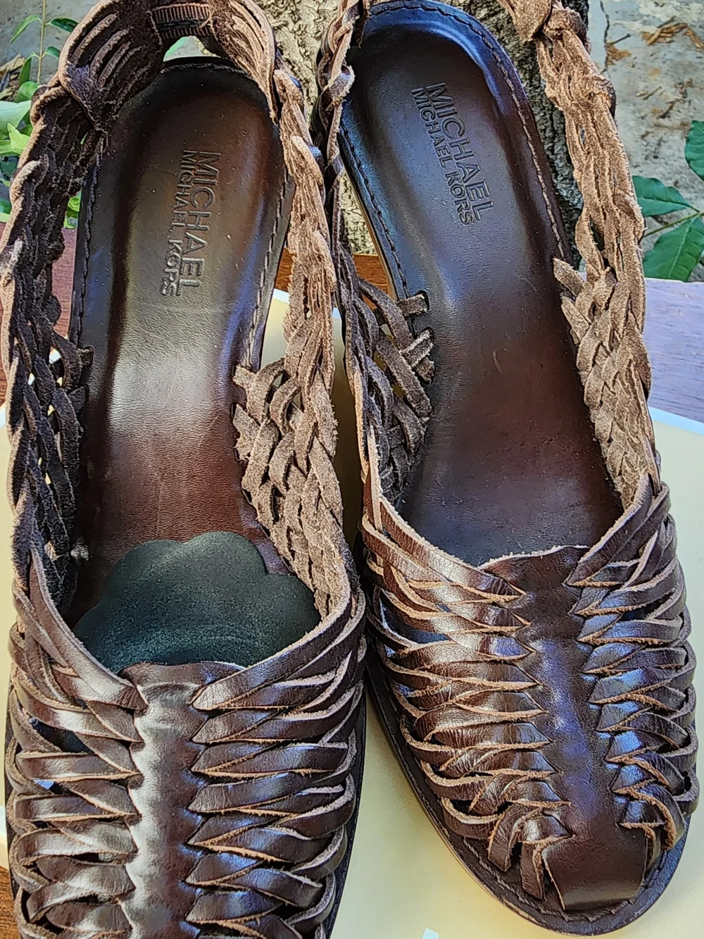 Michael Kors Vachetta Brown Woven Leather Huarache Slingback Wedge Sandals Sz 8